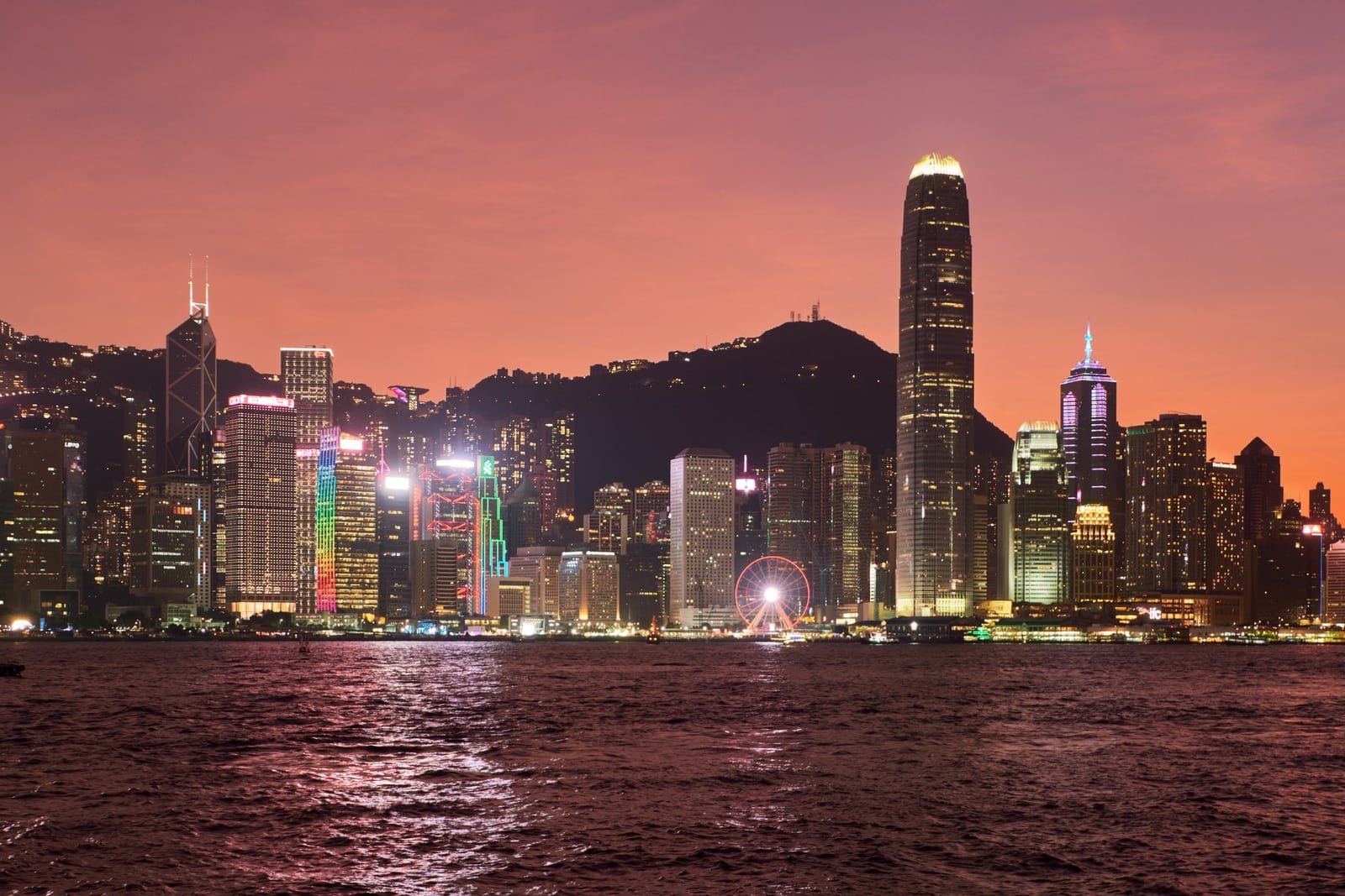 Hong Kong Island skyline across Victoria Harbour at dusk