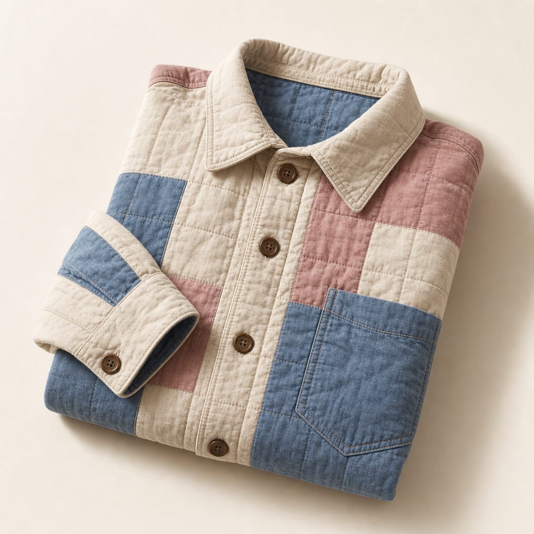 Editorial reference still-life for Quilt / workwear overshirt (reference) — Bode silhouette study (AI-generated; not an official product photo)