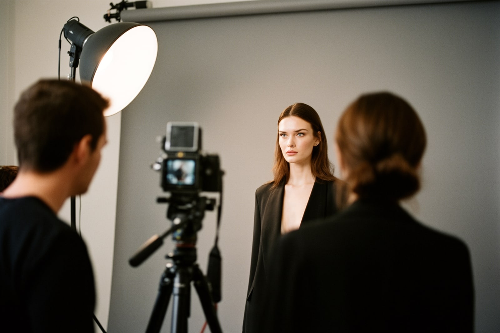 A photographer shoots a test against a seamless grey backdrop at a model agency