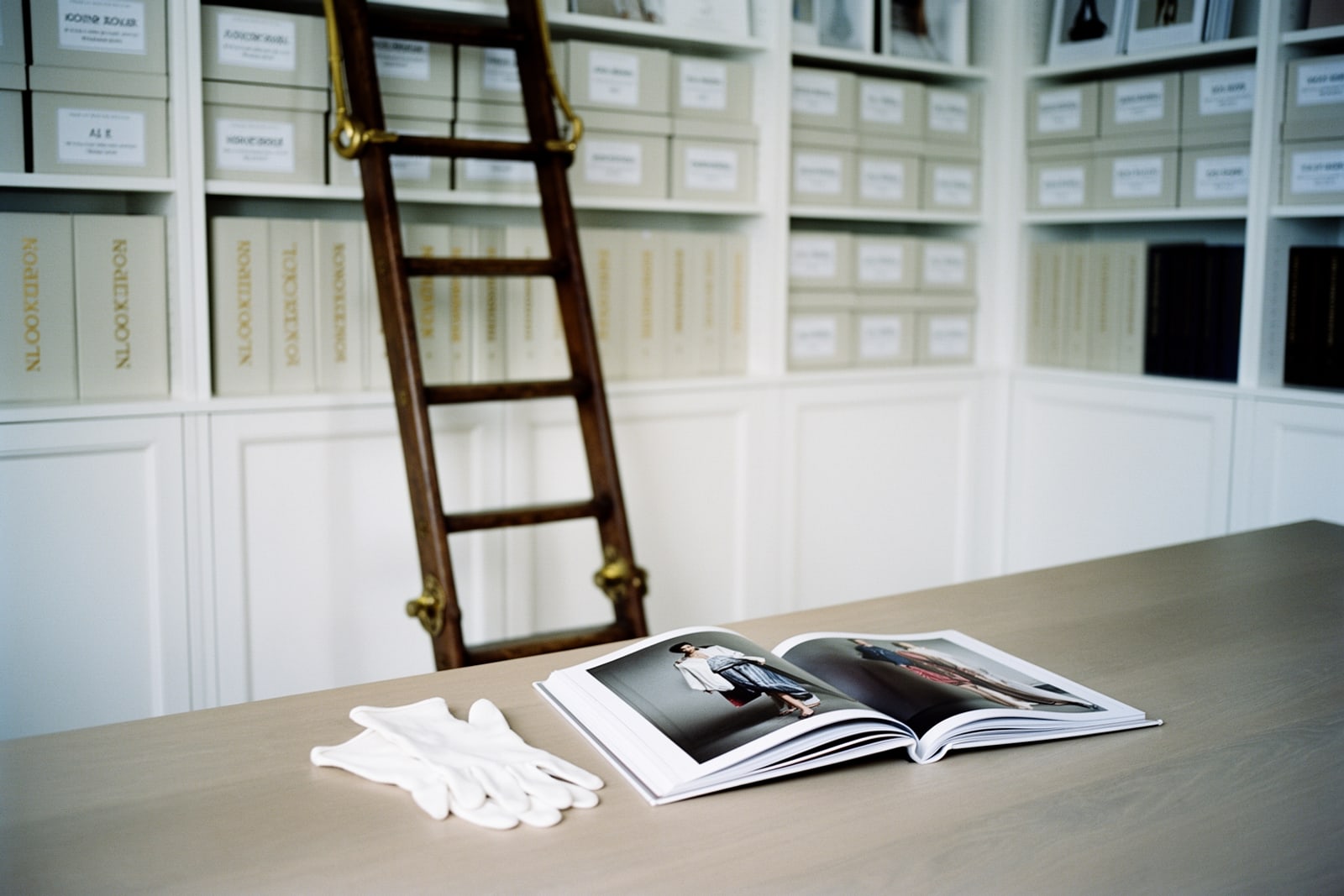 Tall shelves of archive boxes and lookbooks in a fashion archive with white cotton gloves on the table