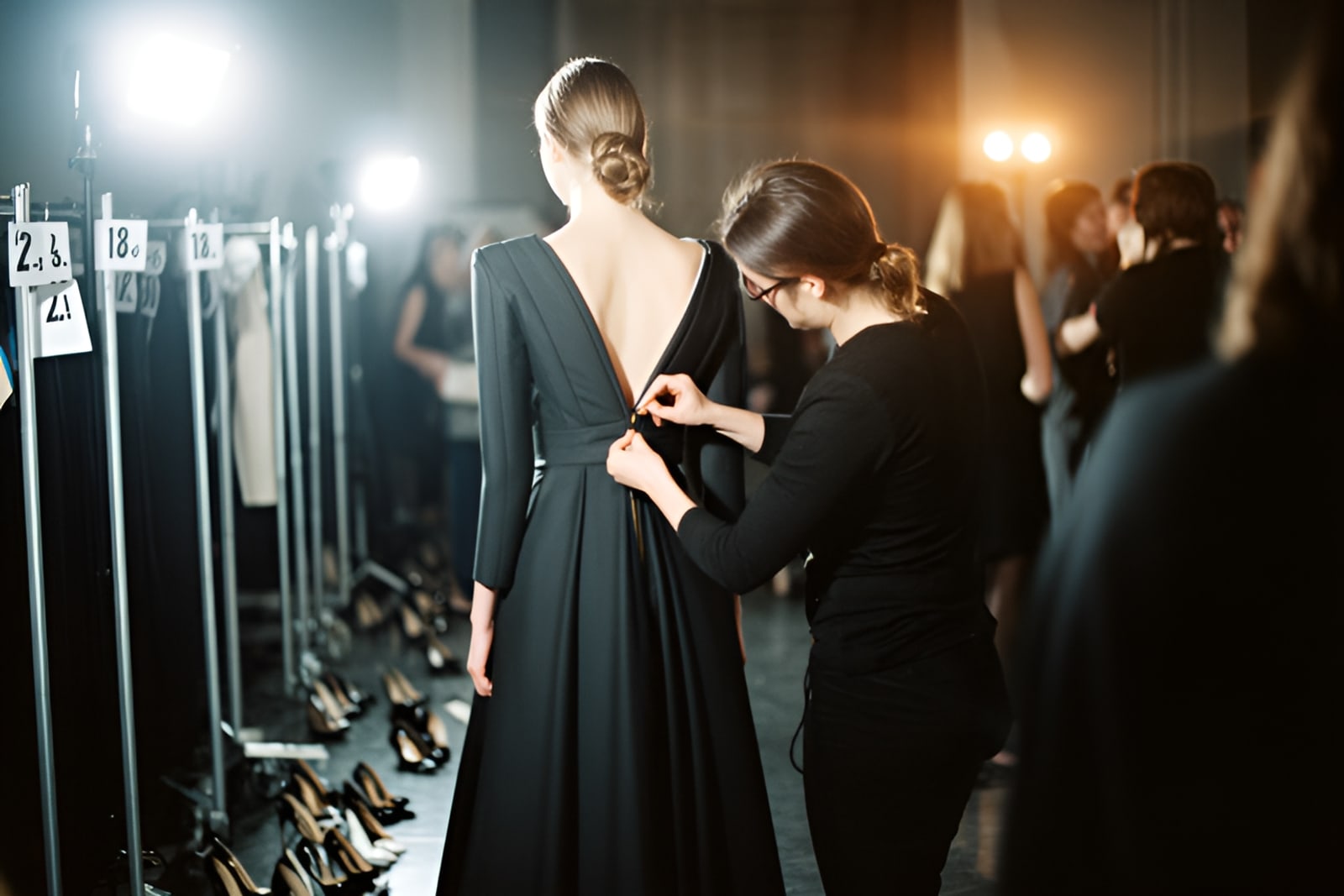 A dresser zips a structured dress on a model backstage beside numbered garment rails