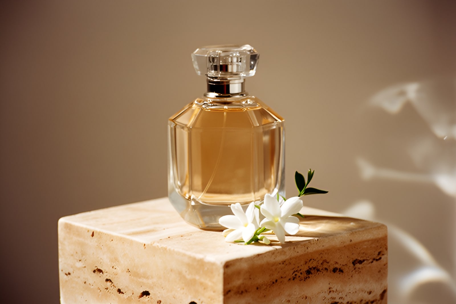 An unlabelled faceted perfume bottle on travertine with caustic light and jasmine