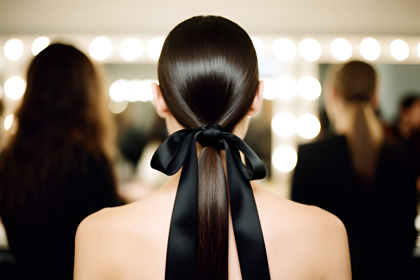 A sleek glossy low ponytail tied with a black ribbon, seen from behind backstage