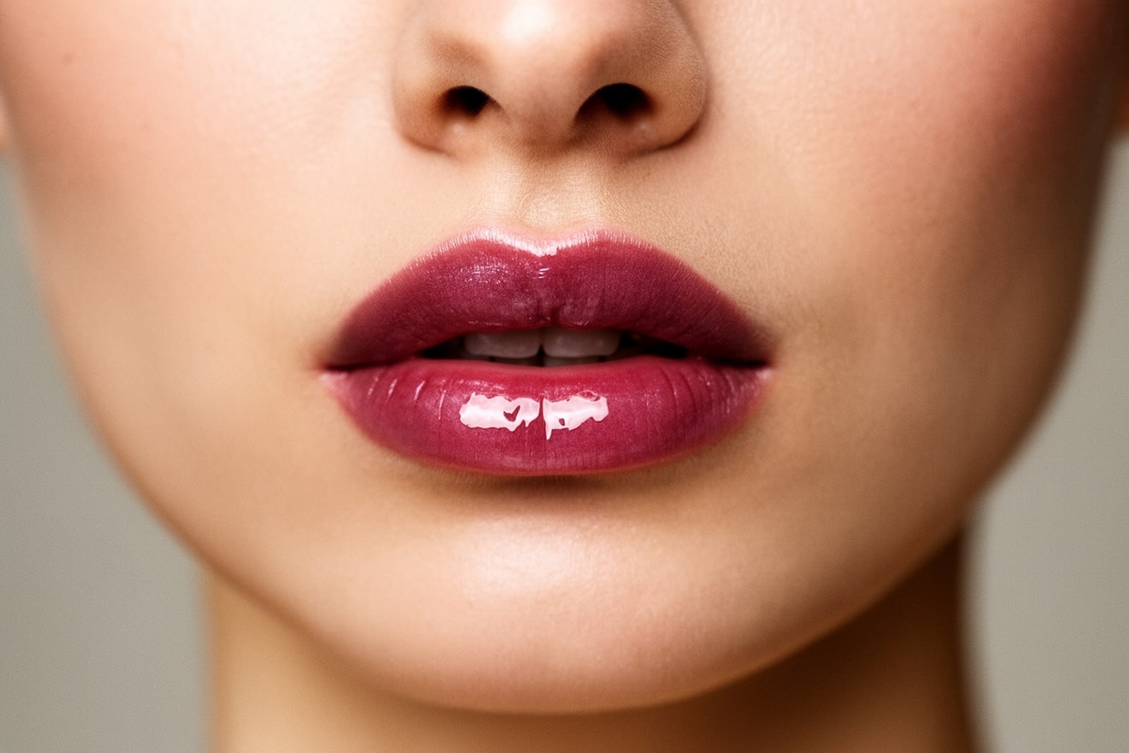 Close-up of glossy, sheer berry-tinted lips