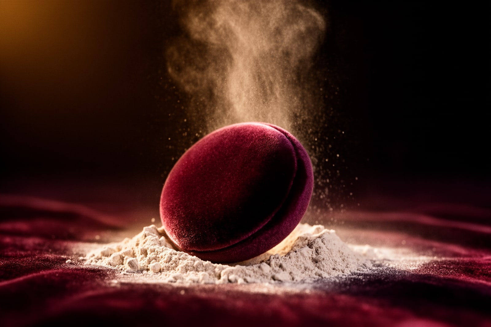 A velvet powder puff in translucent powder with a fine cloud of powder in backlight