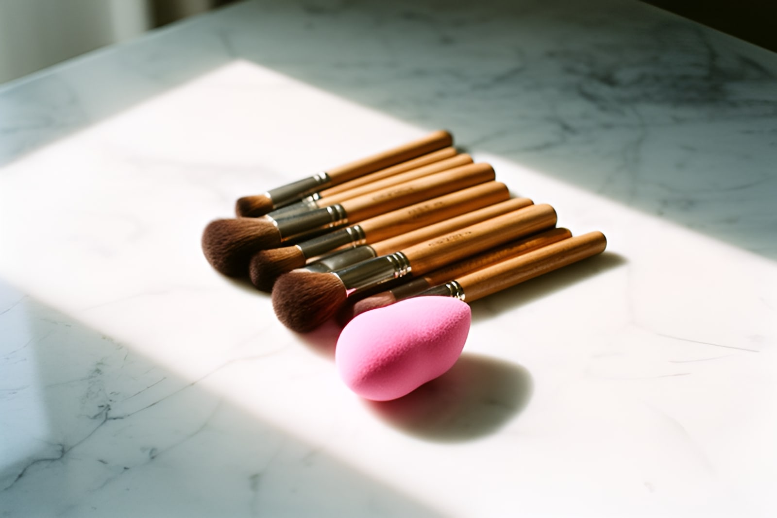 Makeup brushes and a sponge in a fluted glass on white marble