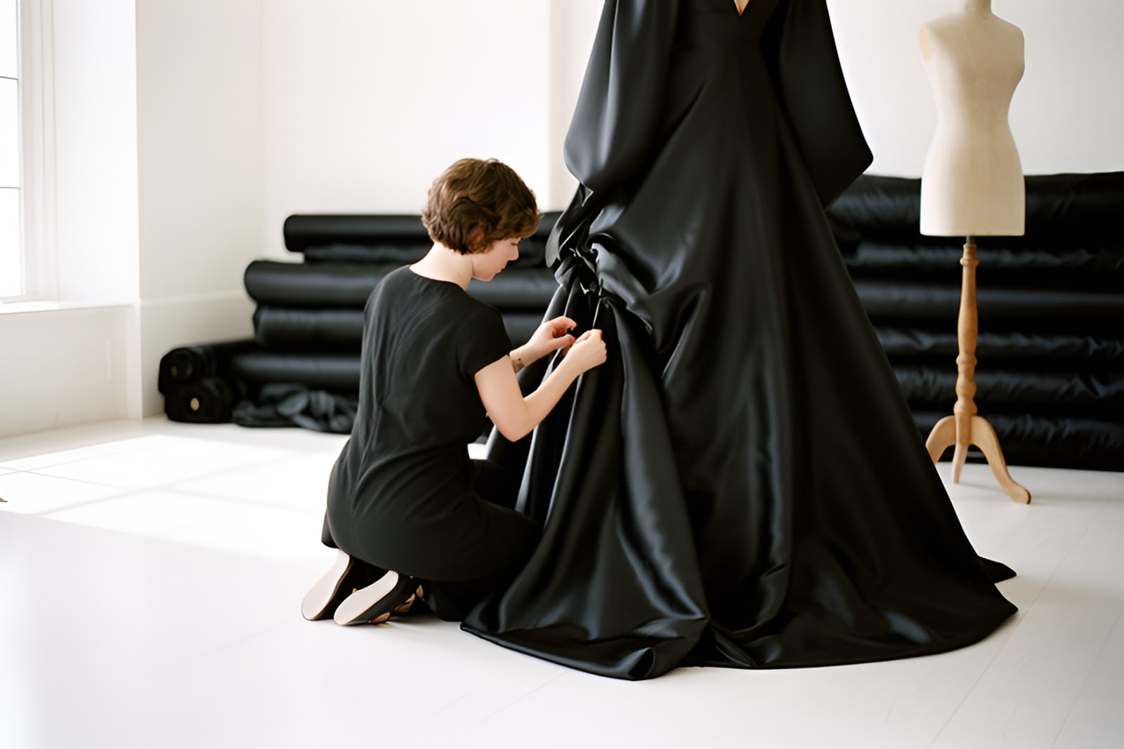 A seamstress pins the hem of a black silk gown during a couture fitting