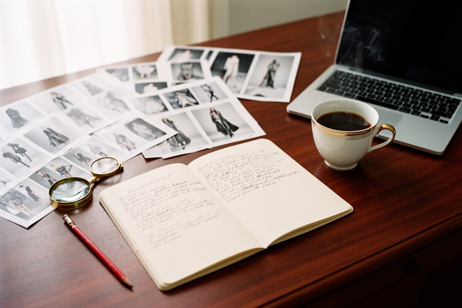 Contact sheets, a loupe, a red pencil and handwritten notes on a fashion editor’s desk