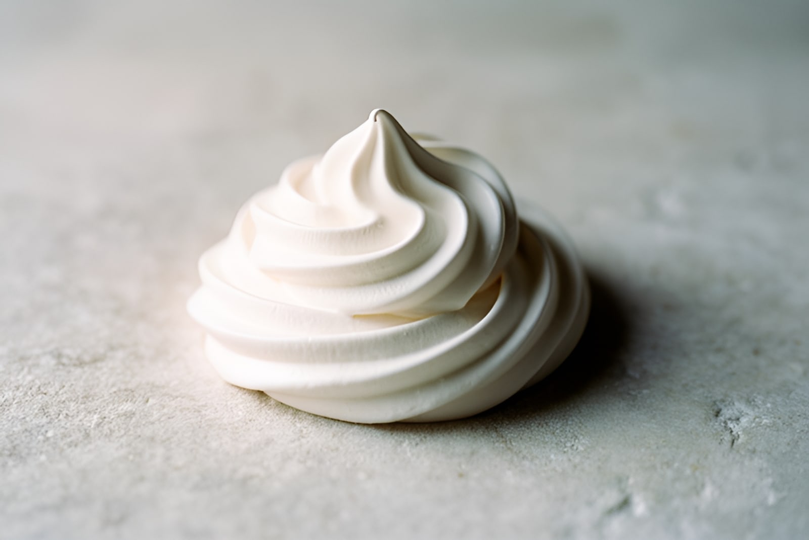 A thick swirl of rich white cream on pale stone
