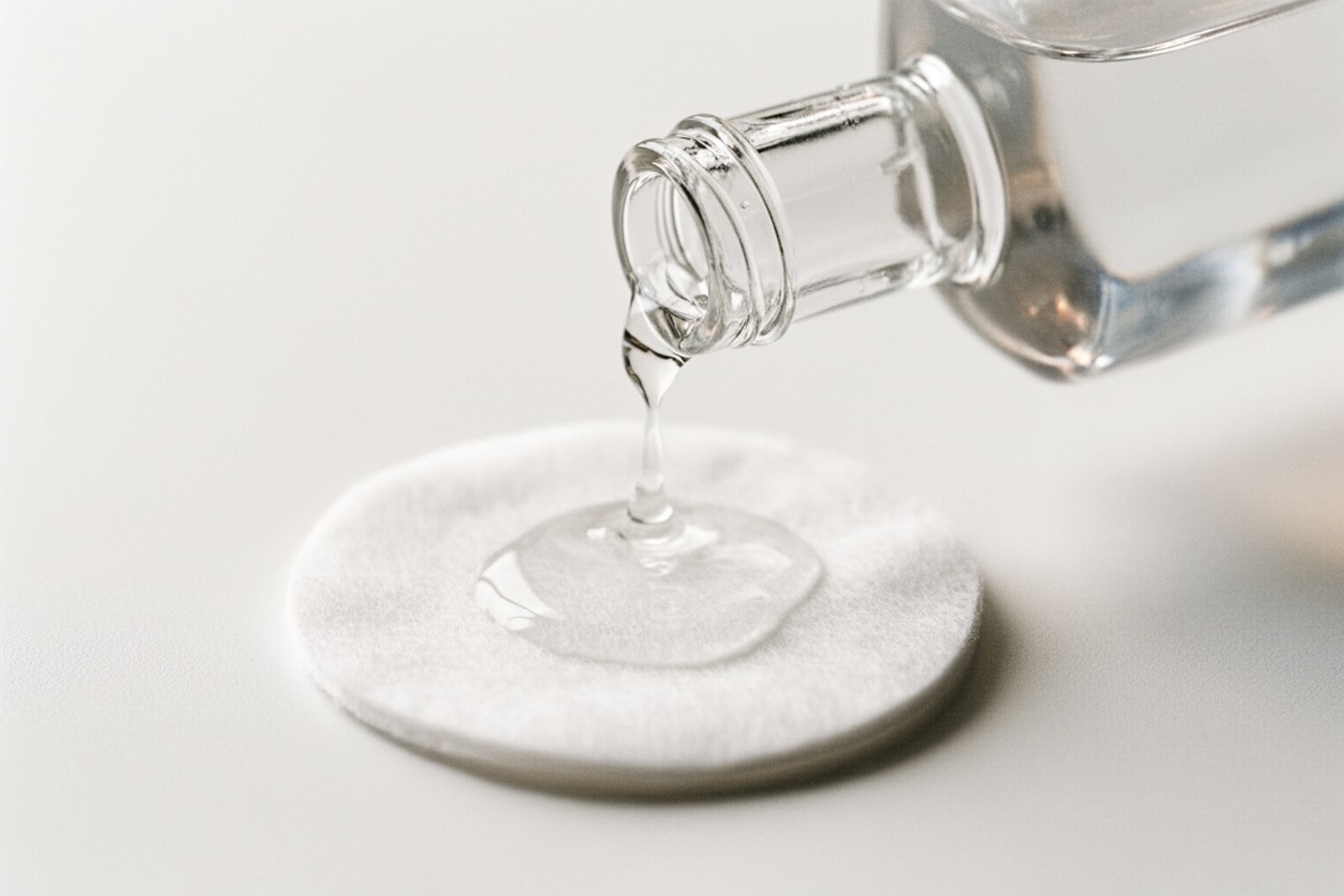 Clear toner poured onto a cotton pad, light refracting through the liquid