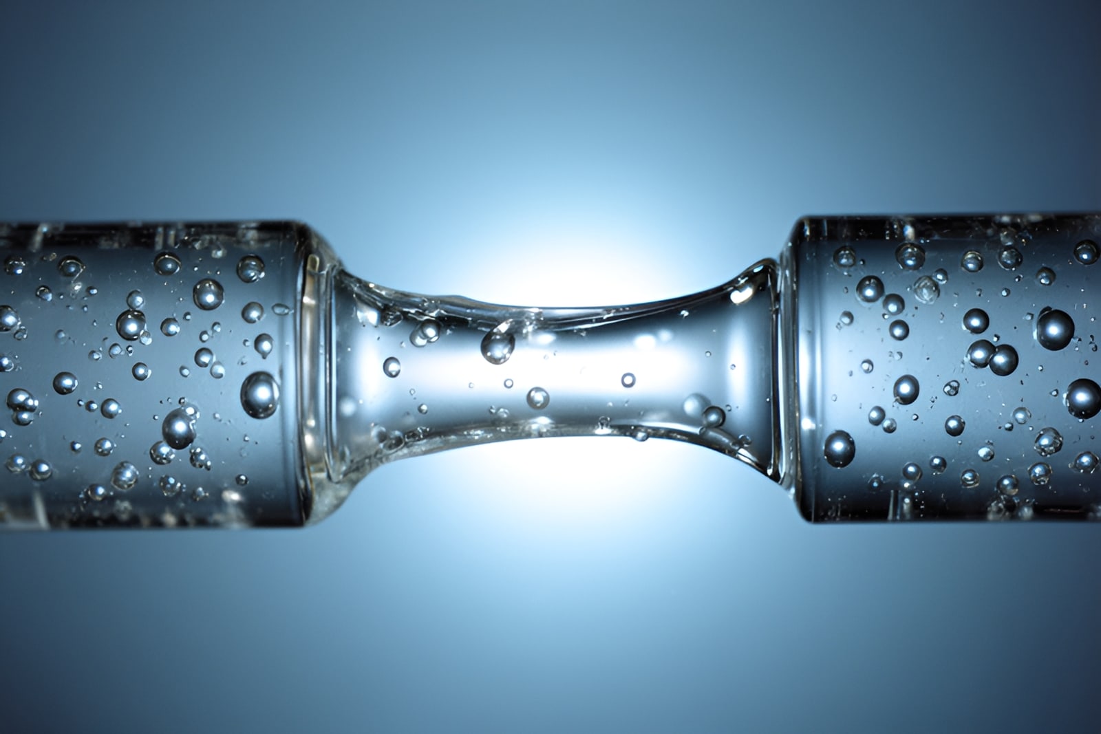 Crystal-clear hydrating gel stretched between glass slides with water droplets