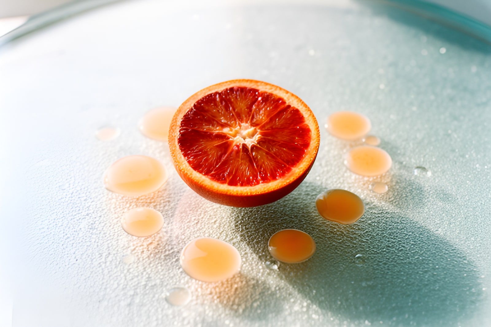 Half a blood orange beside drops of pale orange serum on frosted glass