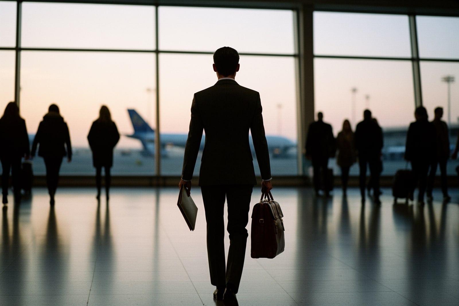 A model with a suitcase and portfolio walks through an airport terminal at dawn