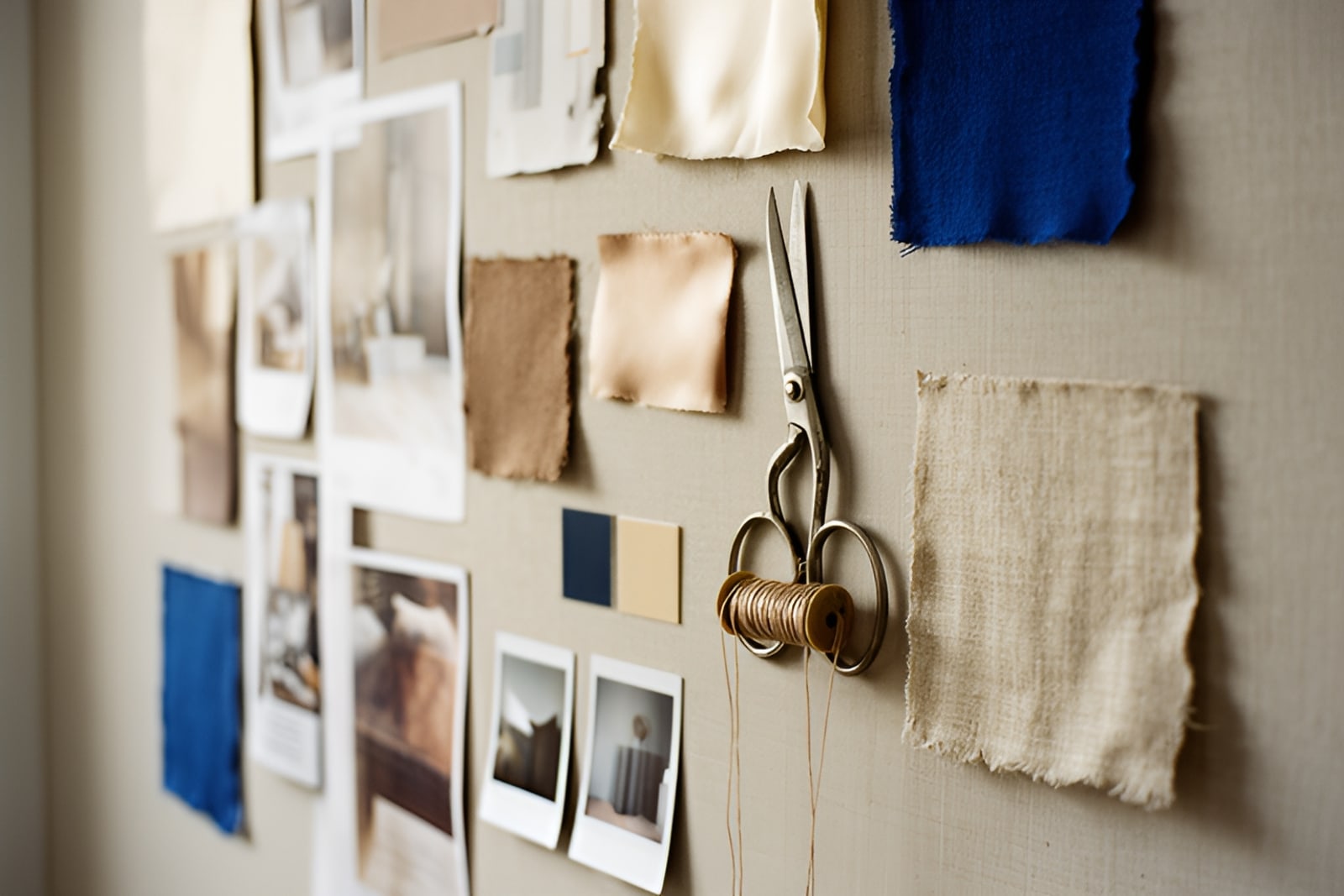 A designer’s moodboard of fabric swatches, torn pages and Polaroids in neutrals and cobalt