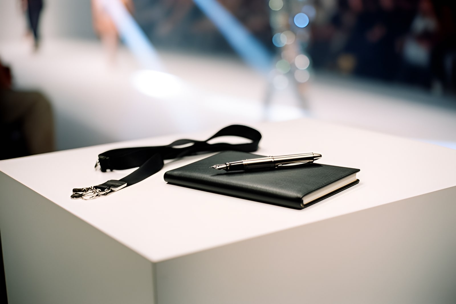 A fashion week press lanyard, notebook and pen on a white show bench