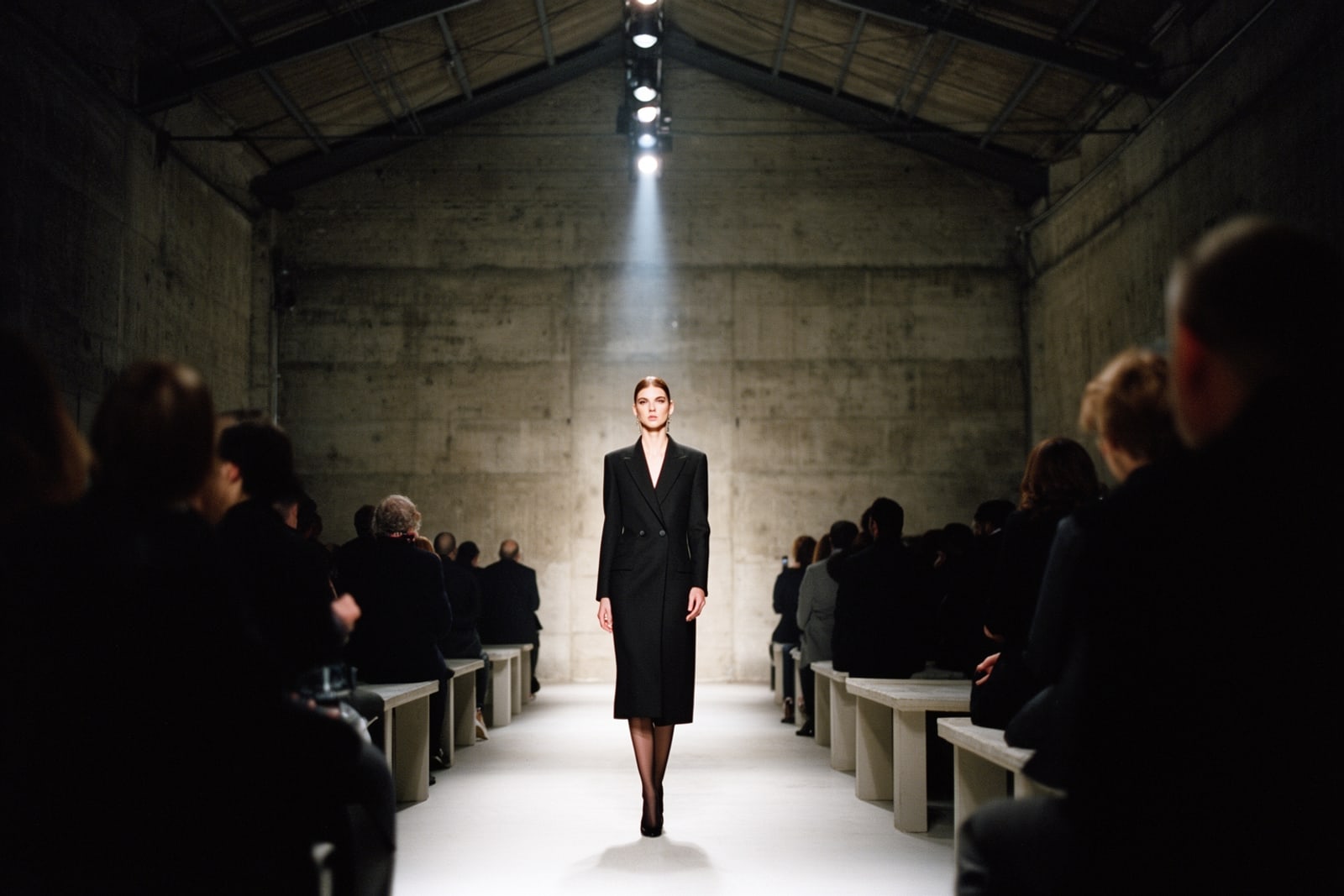 A model in a black tailored coat crosses a single spotlight in a raw concrete show venue