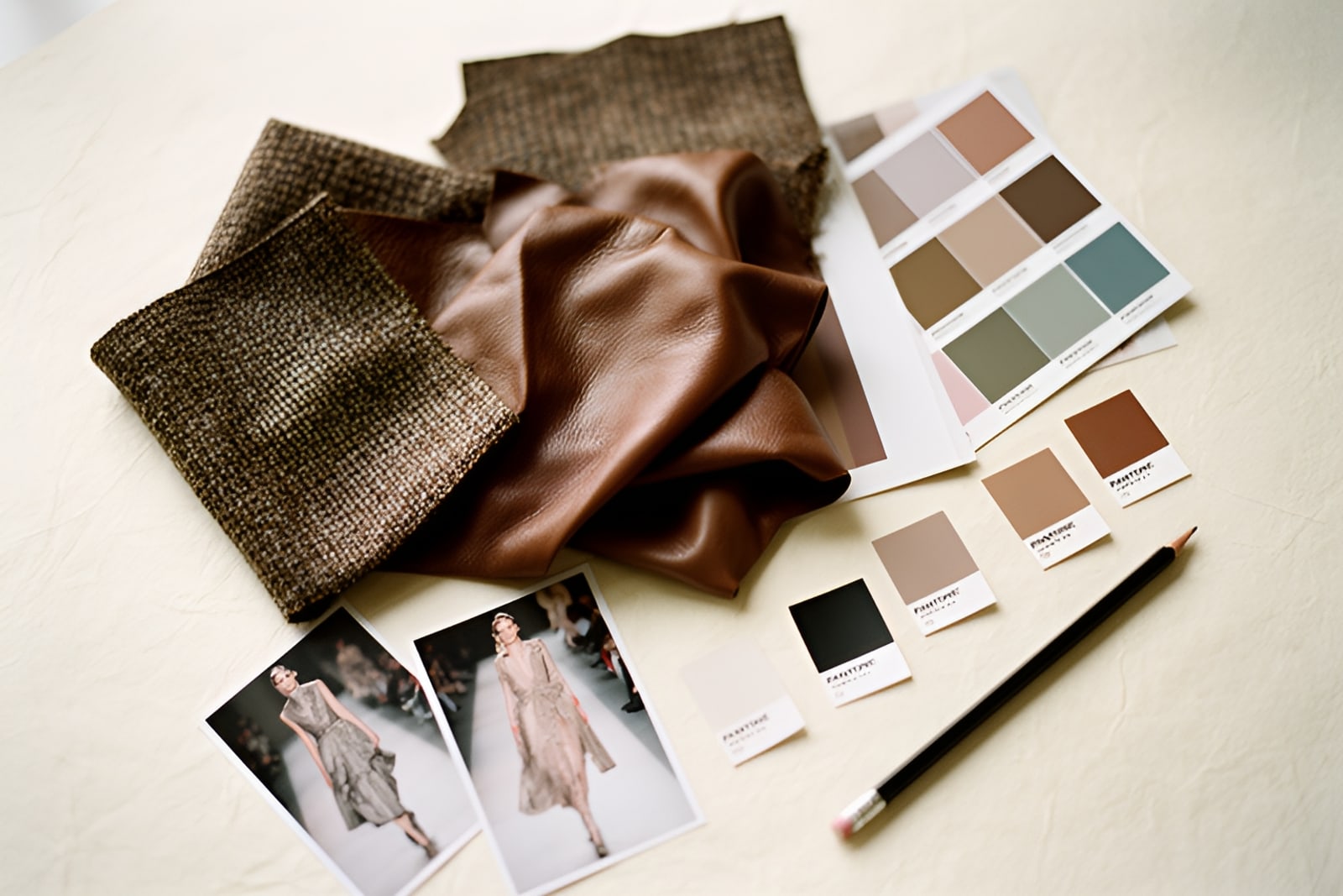Wool, silk and leather swatches with a colour card and runway thumbnails on cream paper