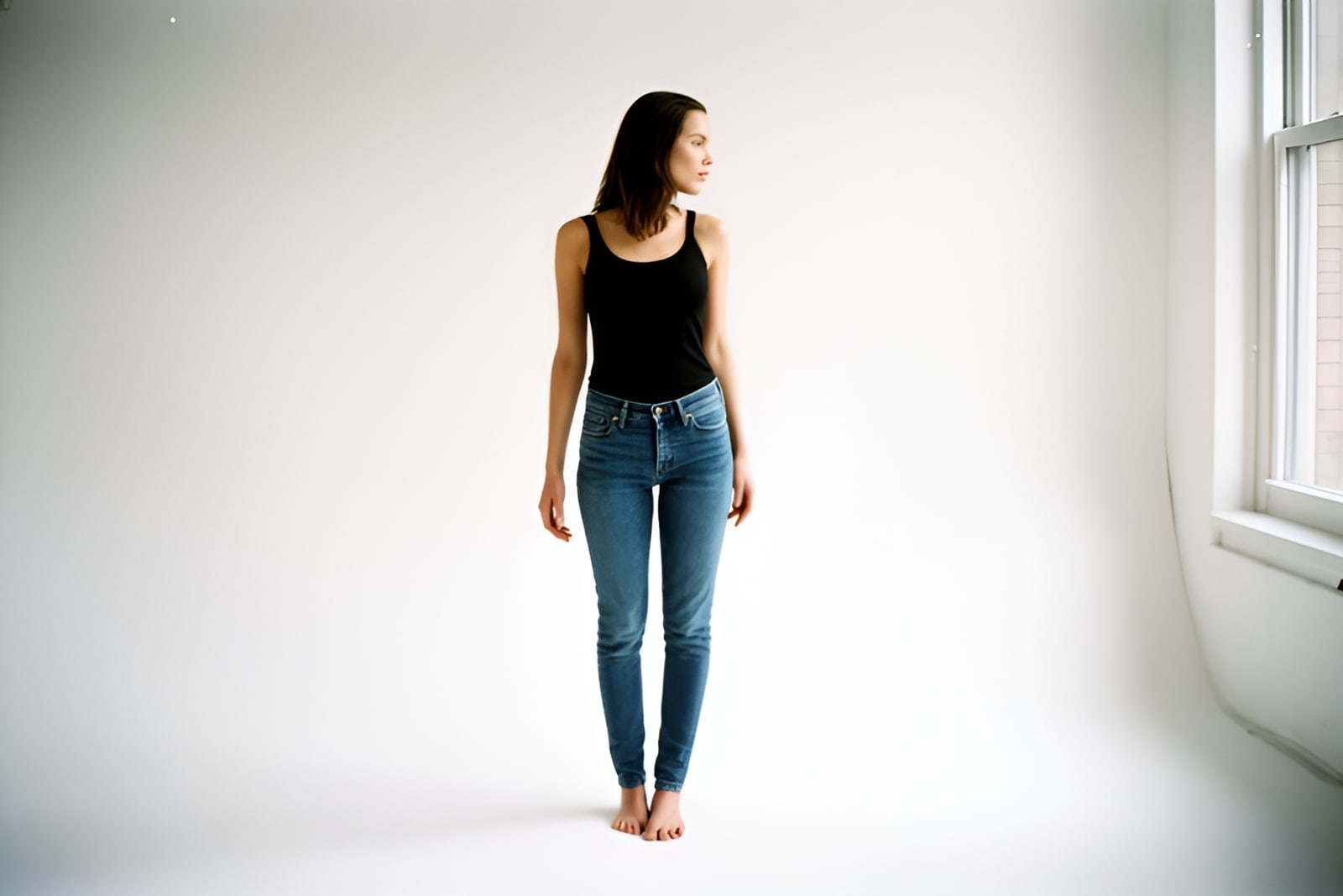 A photographer takes simple digitals of a model in a plain black top in a bright white studio