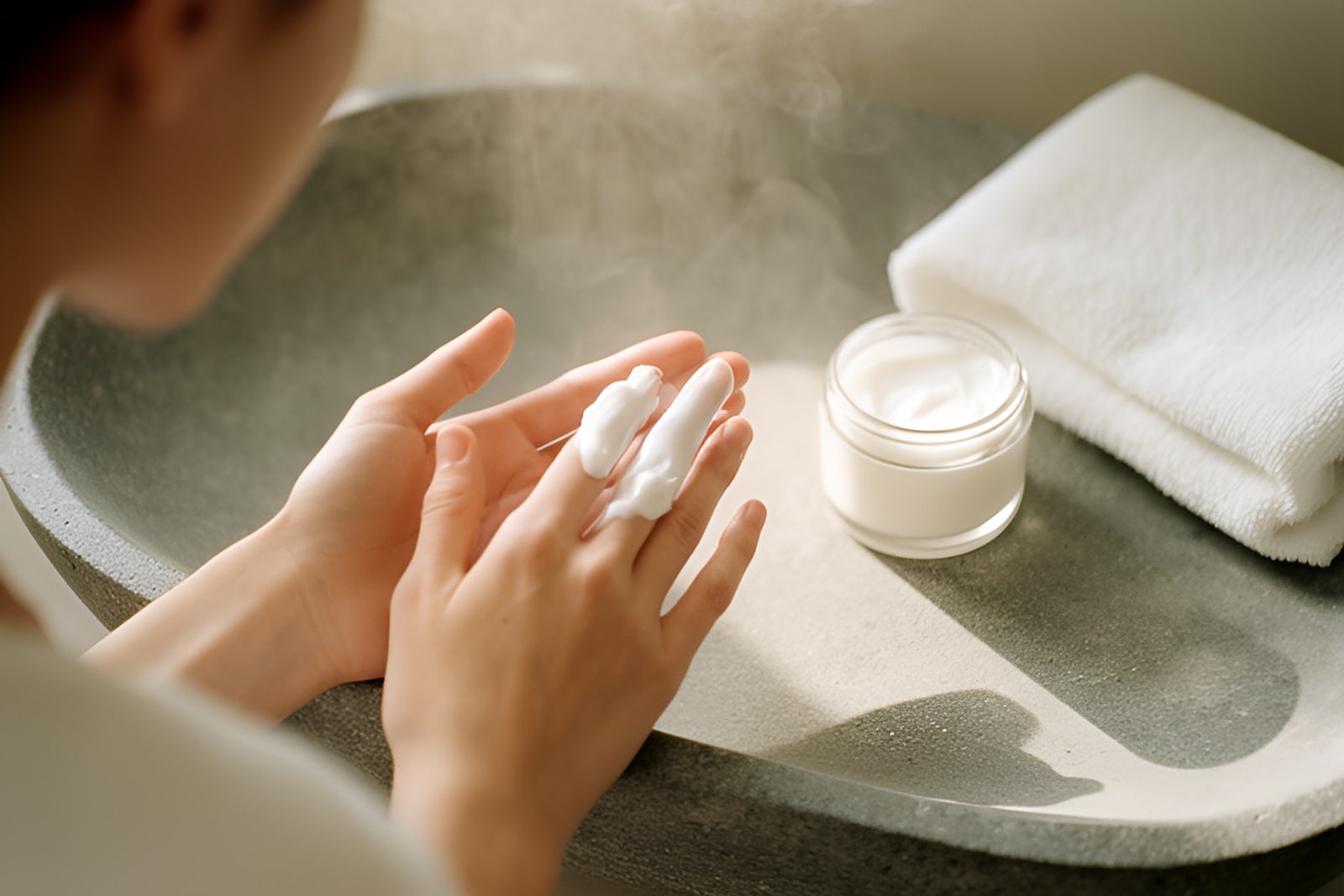 Hands smoothing a plain moisturiser over a stone basin in soft morning light