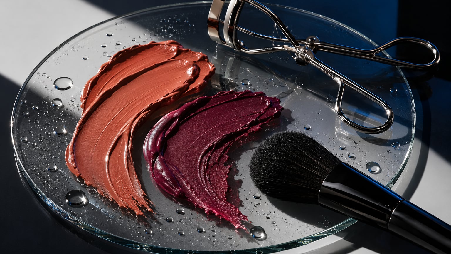 Terracotta and berry makeup swatches on glass beside a brush and chrome eyelash curler, an editorial illustration