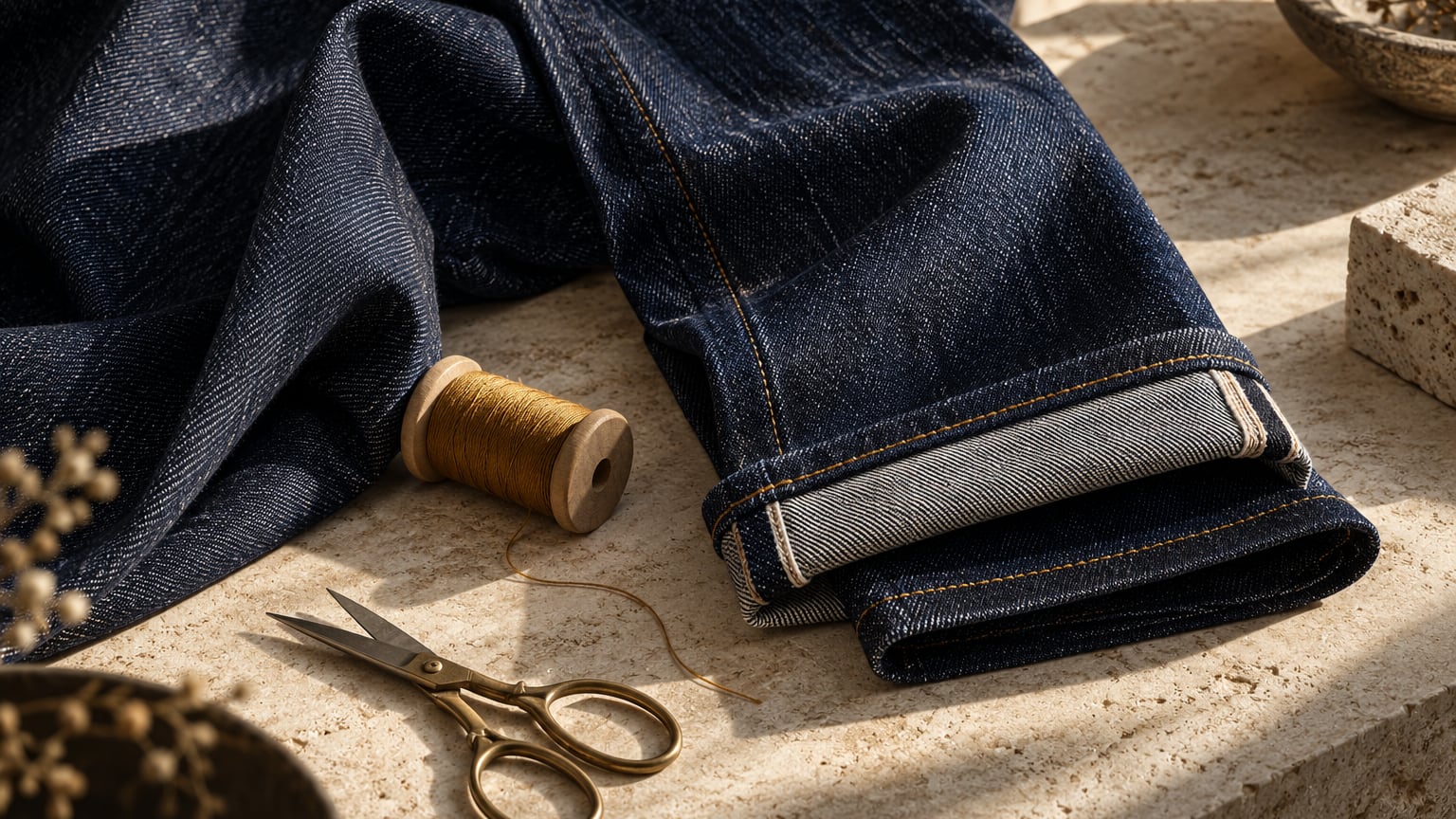Indigo denim folds and an ochre-stitched trouser hem beside a spool of thread and tailoring scissors on pale stone, an editorial illustration