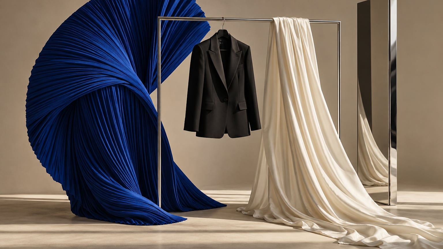 A black tailored jacket between sculptural cobalt pleats and flowing ivory silk in an editorial studio illustration