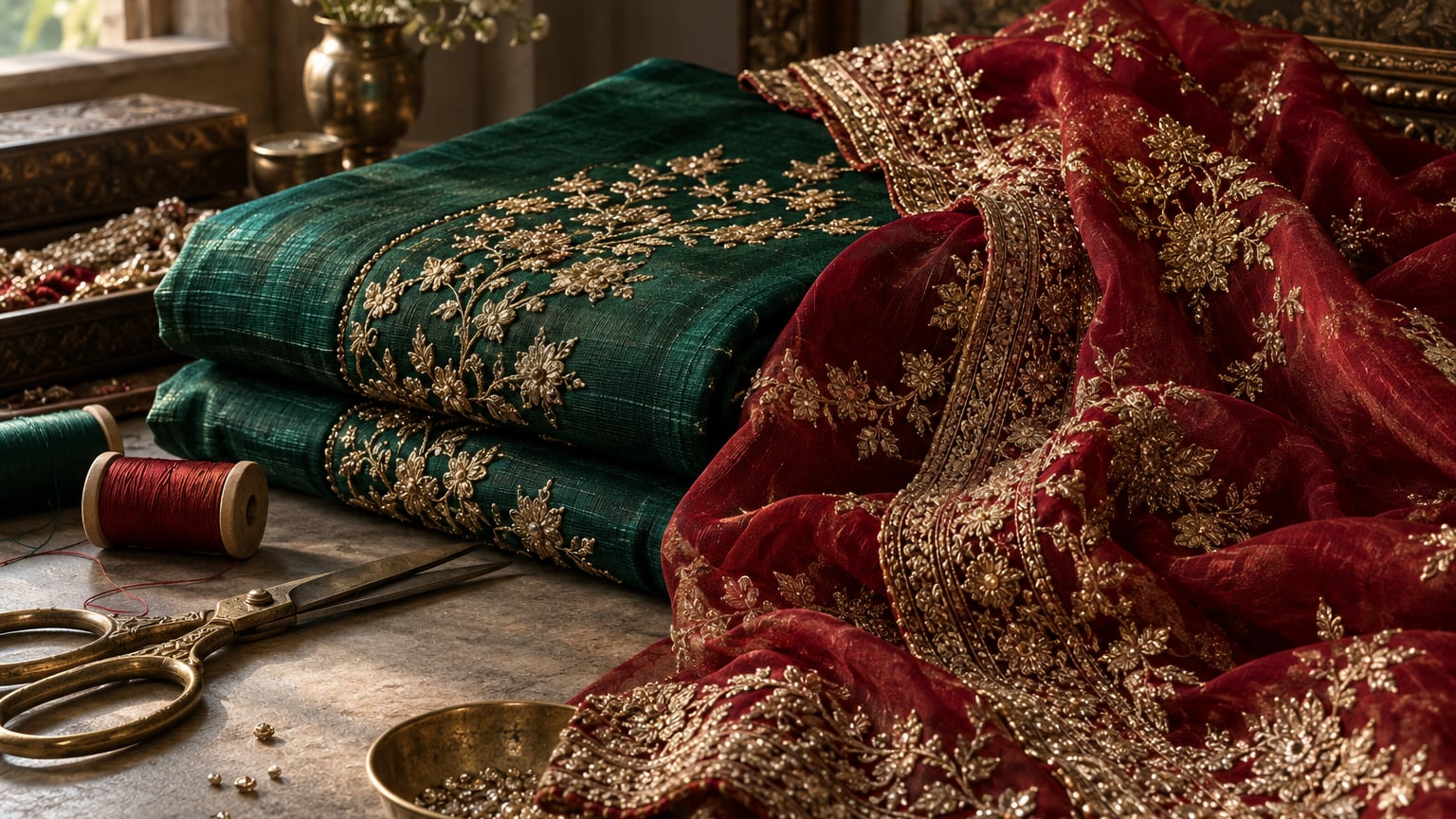 Emerald silk and a crimson dupatta with gold embroidery beside tailoring tools, a Pakistan occasionwear illustration